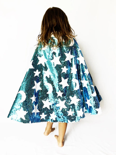 COSMIC COSTUME CAPE WITH BLUE AND WHITE SEQUINS