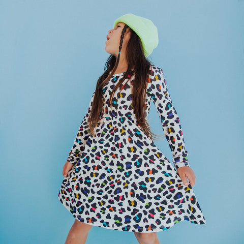 Long Sleeve Swing Dress - 'neon Leopard'