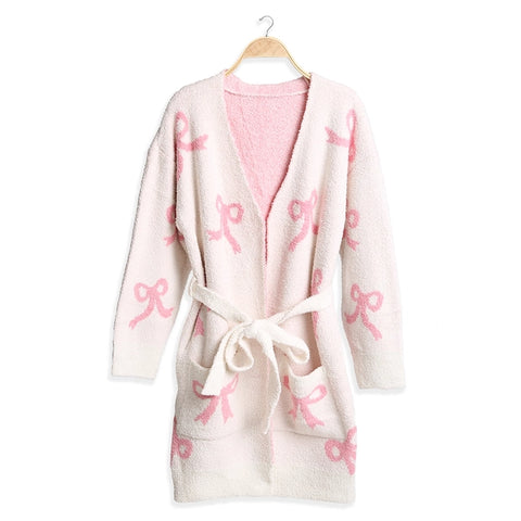 WOMEN'S SIZED RIBBON PATTERNED COZY ROBE WITH POCKET & BELT