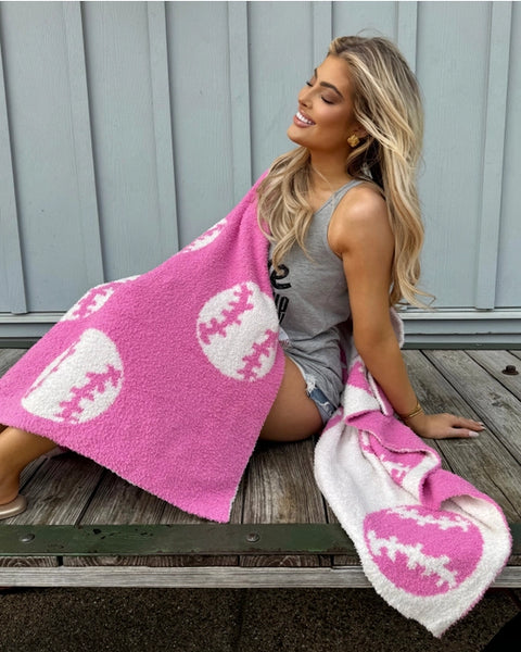 HOT PINK BASEBALL/SOFTBALL COZY PLUSH BLANKET