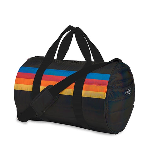 BLACK PUFFER DUFFLE BAG RETRO STRIPE