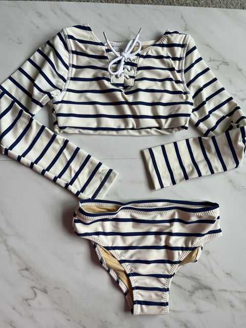 NAUTICAL STRIPE LACE UP CROP RASH GUARD