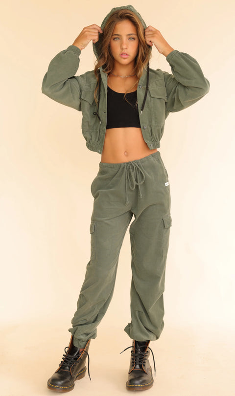 CORDUROY DRAWSTRING PANTS - OLIVE