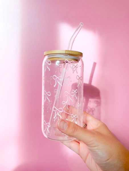 PINK BOW LATTE GLASS WITH LID AND STRAW