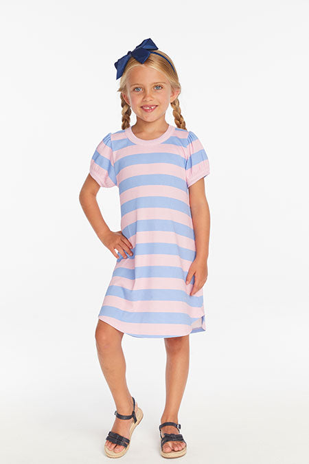 BUBBLEGUM PUFFED SLEEVE STRIPED DRESS