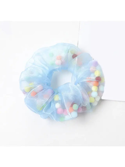 SHEER POM POM SCRUNCHIE - LIGHT BLUE