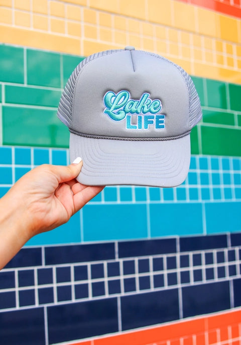 LAKE LIFE EMBROIDERED - GREY TRUCKER HAT