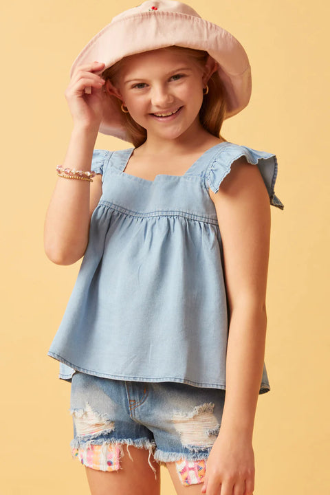 SQUARE NECK DENIM RUFFLE TOP