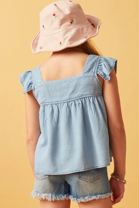 SQUARE NECK DENIM RUFFLE TOP