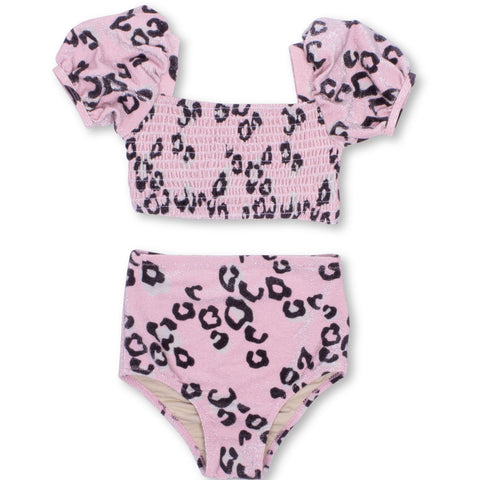 SMOCKED HIGH WAISTED BIKINI - PINK LEOPARD